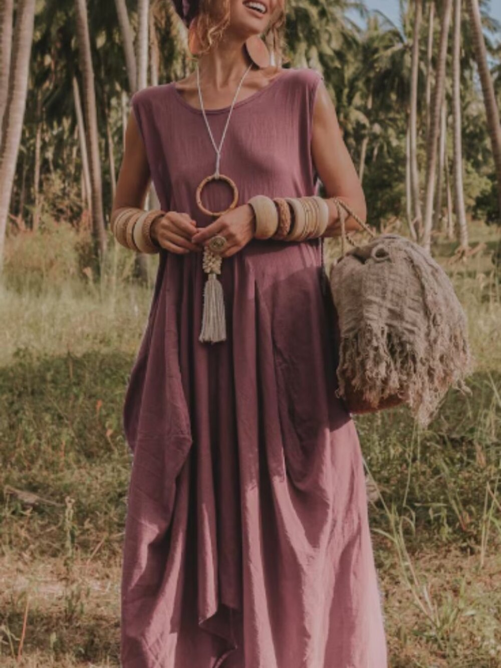 Thaluta Dusky Rose Sleeveless Maxi Dress with Side Pockets